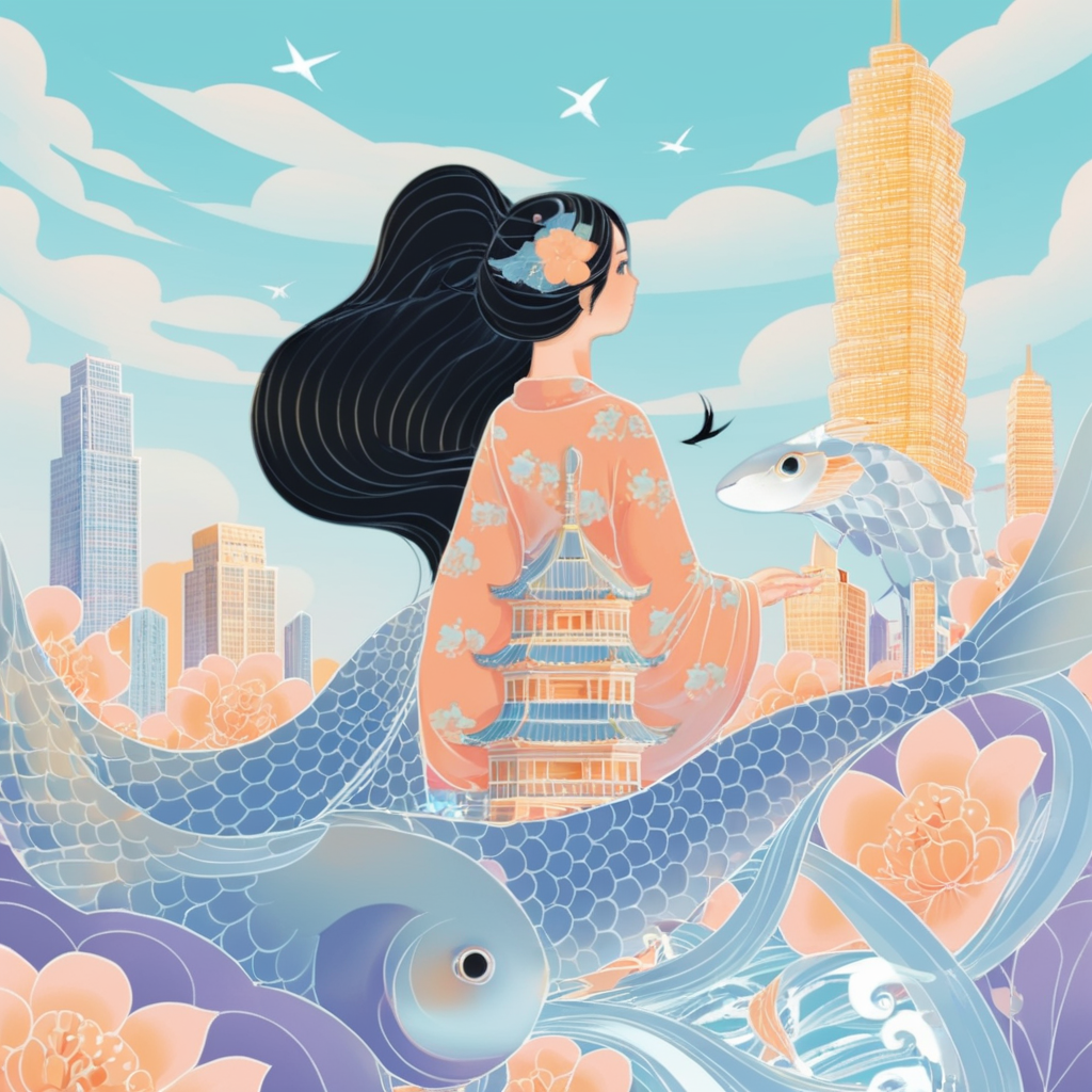 08206-3498649538-1girl, long hair, bird, black hair, hair ornament, solo, flower, hair flower, building, cloud, mermaid, very long hair, monster.png
